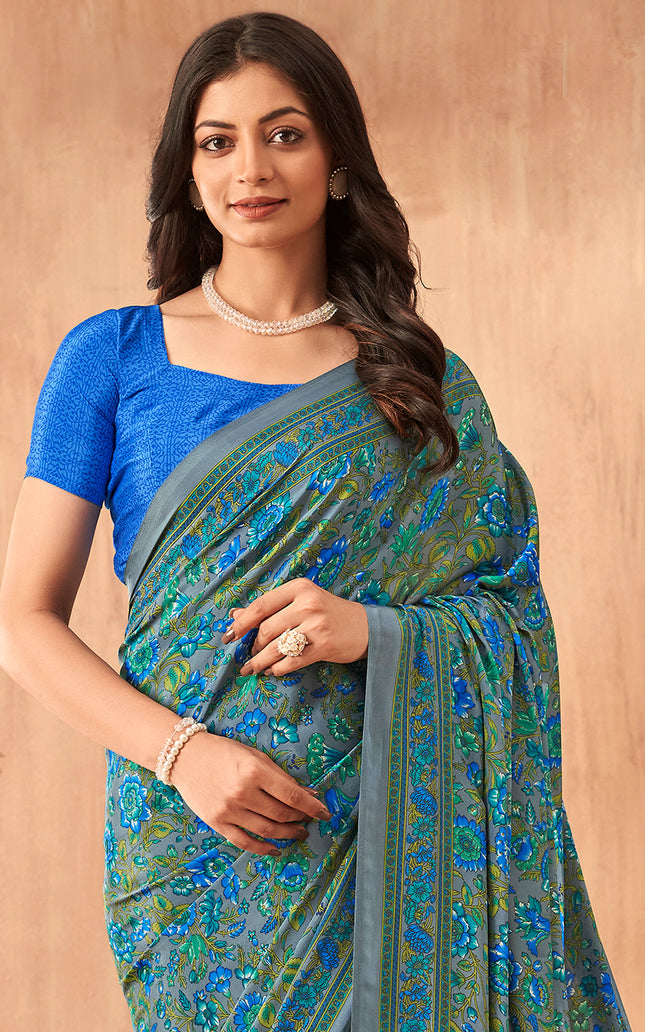 Flower Multi-Coloured Printed, Pure Italian Crape Saree (Blue)