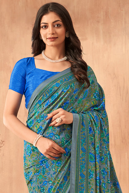 Flower Multi-Coloured Printed, Pure Italian Crape Saree (Blue)