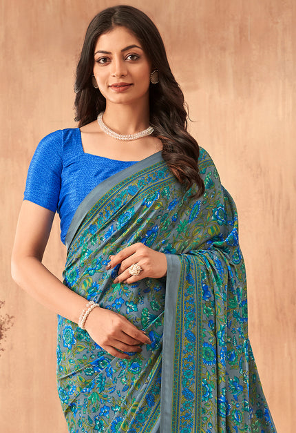 Flower Multi-Coloured Printed, Pure Italian Crape Saree (Blue)