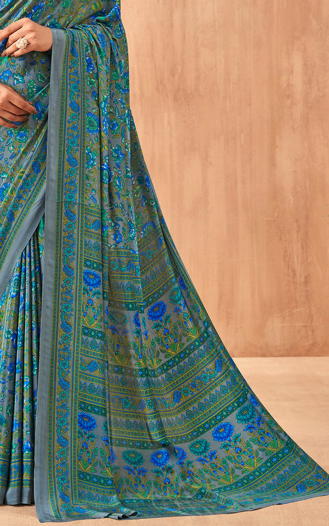 Flower Multi-Coloured Printed, Pure Italian Crape Saree (Blue)