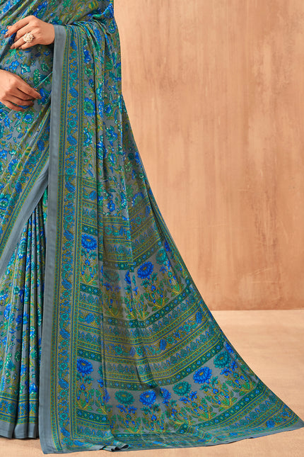 Flower Multi-Coloured Printed, Pure Italian Crape Saree (Blue)
