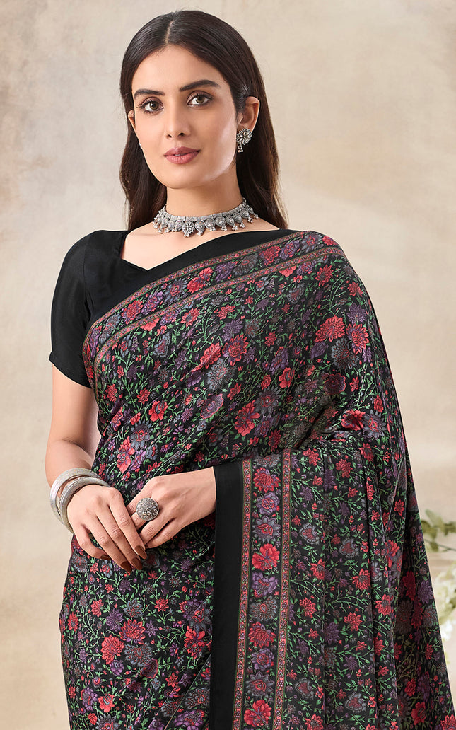 Flower Multi-Coloured Printed, Pure Italian Crape Saree (Black)