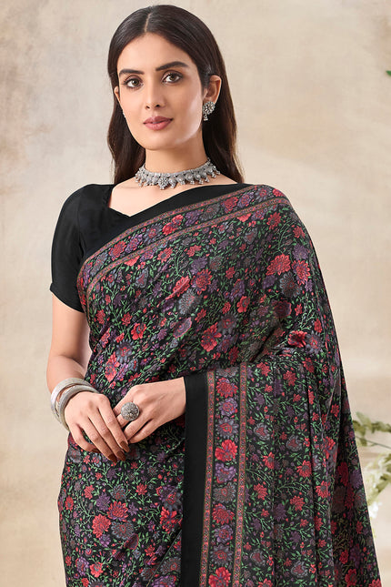 Flower Multi-Coloured Printed, Pure Italian Crape Saree (Black)