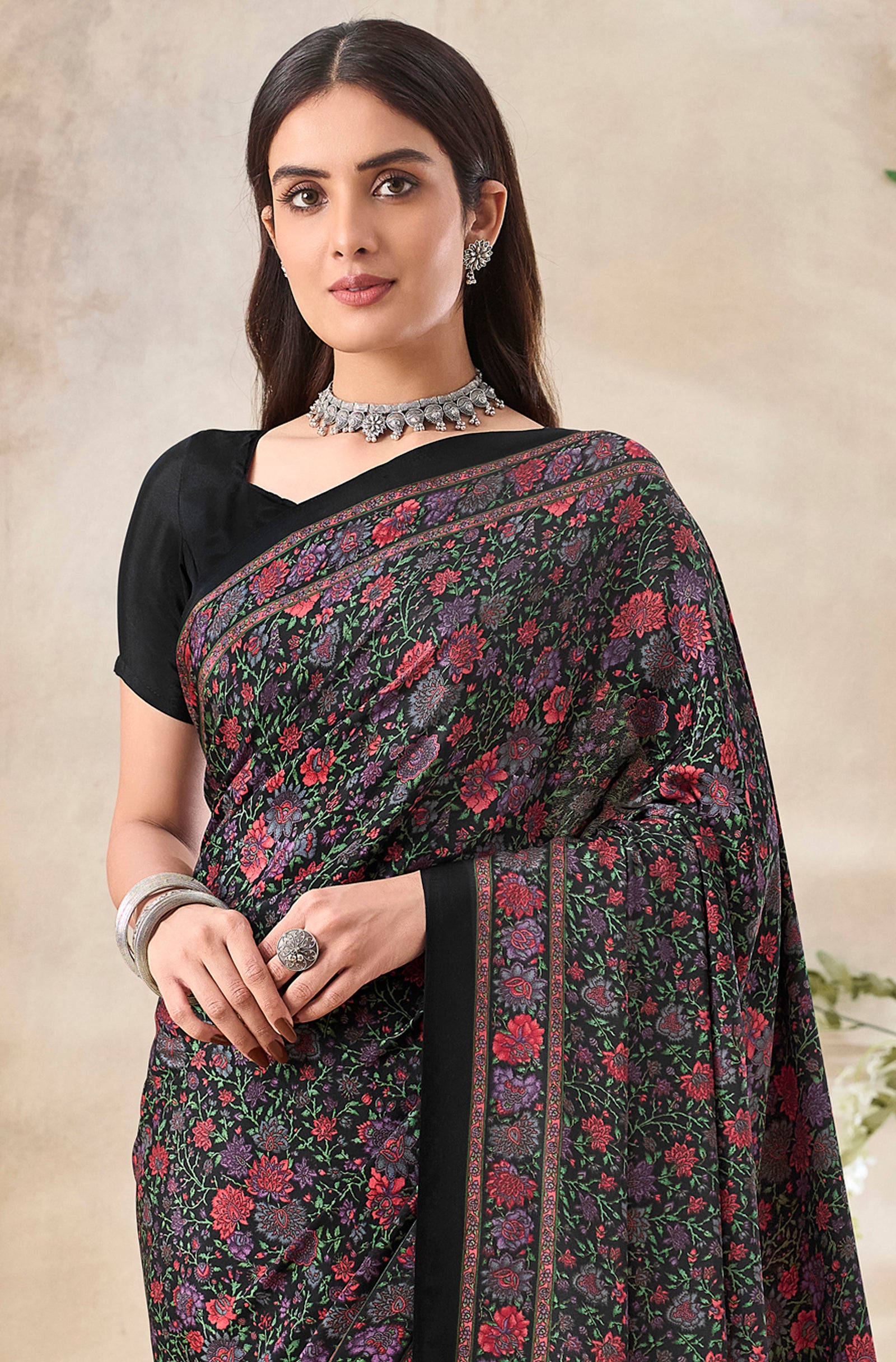 Multi-Coloured Floral Print Pure Italian Crepe Saree (Black)