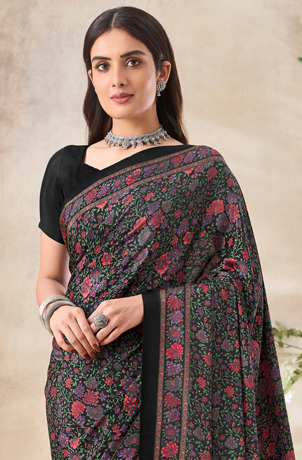 Flower Multi-Coloured Printed, Pure Italian Crape Saree (Black)