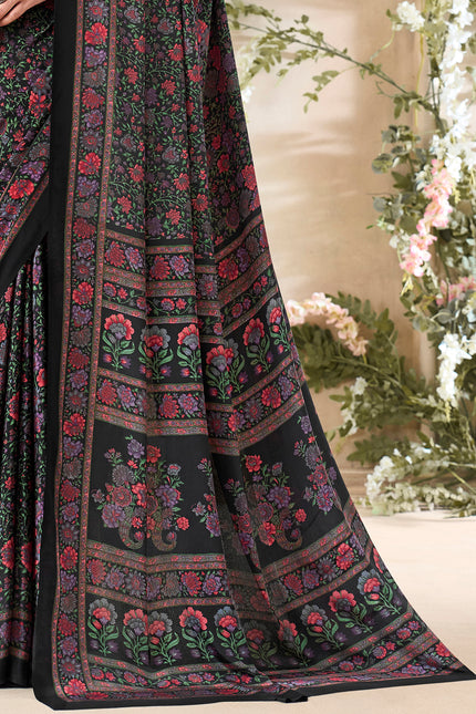Flower Multi-Coloured Printed, Pure Italian Crape Saree (Black)
