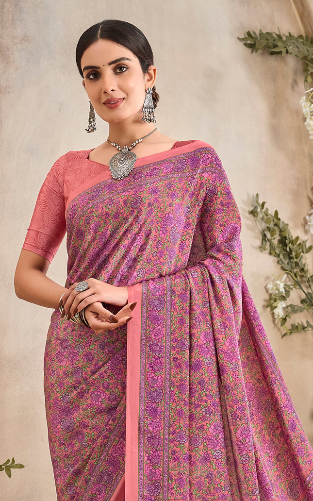 Flower Multi-Coloured Printed, Pure Italian Crape Saree (Peach)