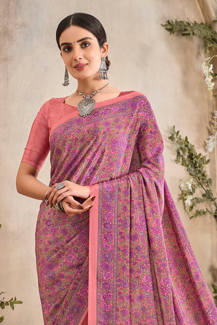 Flower Multi-Coloured Printed, Pure Italian Crape Saree (Peach)