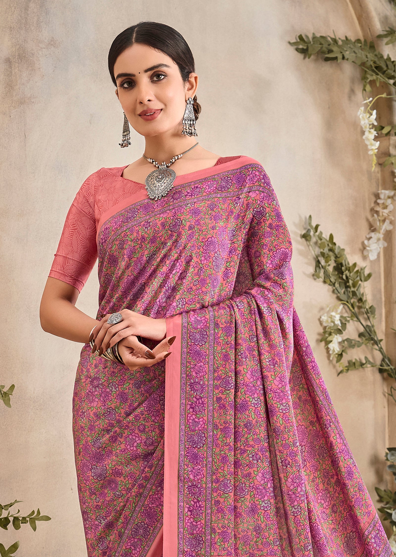Flower Multi-Coloured Printed, Pure Italian Crape Saree (Peach)