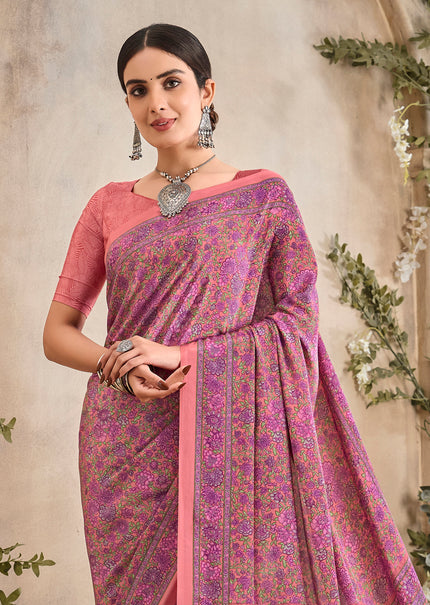 Flower Multi-Coloured Printed, Pure Italian Crape Saree (Peach)