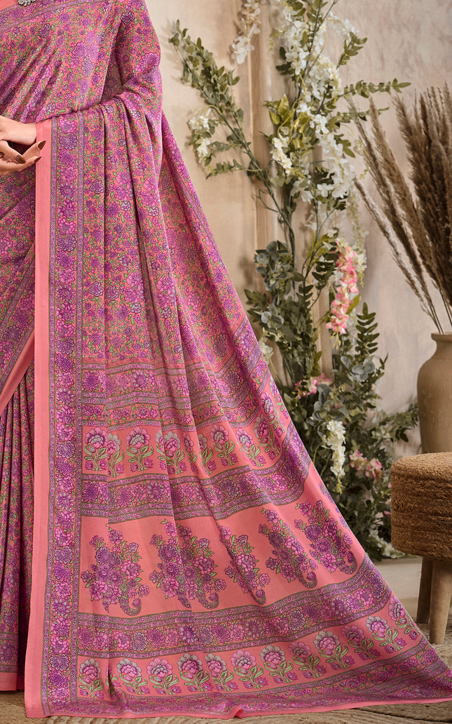 Flower Multi-Coloured Printed, Pure Italian Crape Saree (Peach)