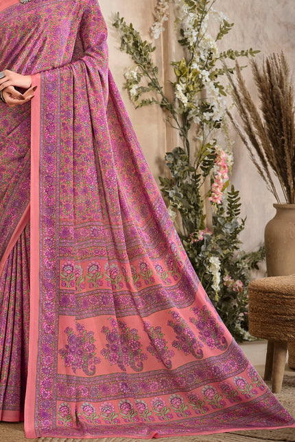 Flower Multi-Coloured Printed, Pure Italian Crape Saree (Peach)