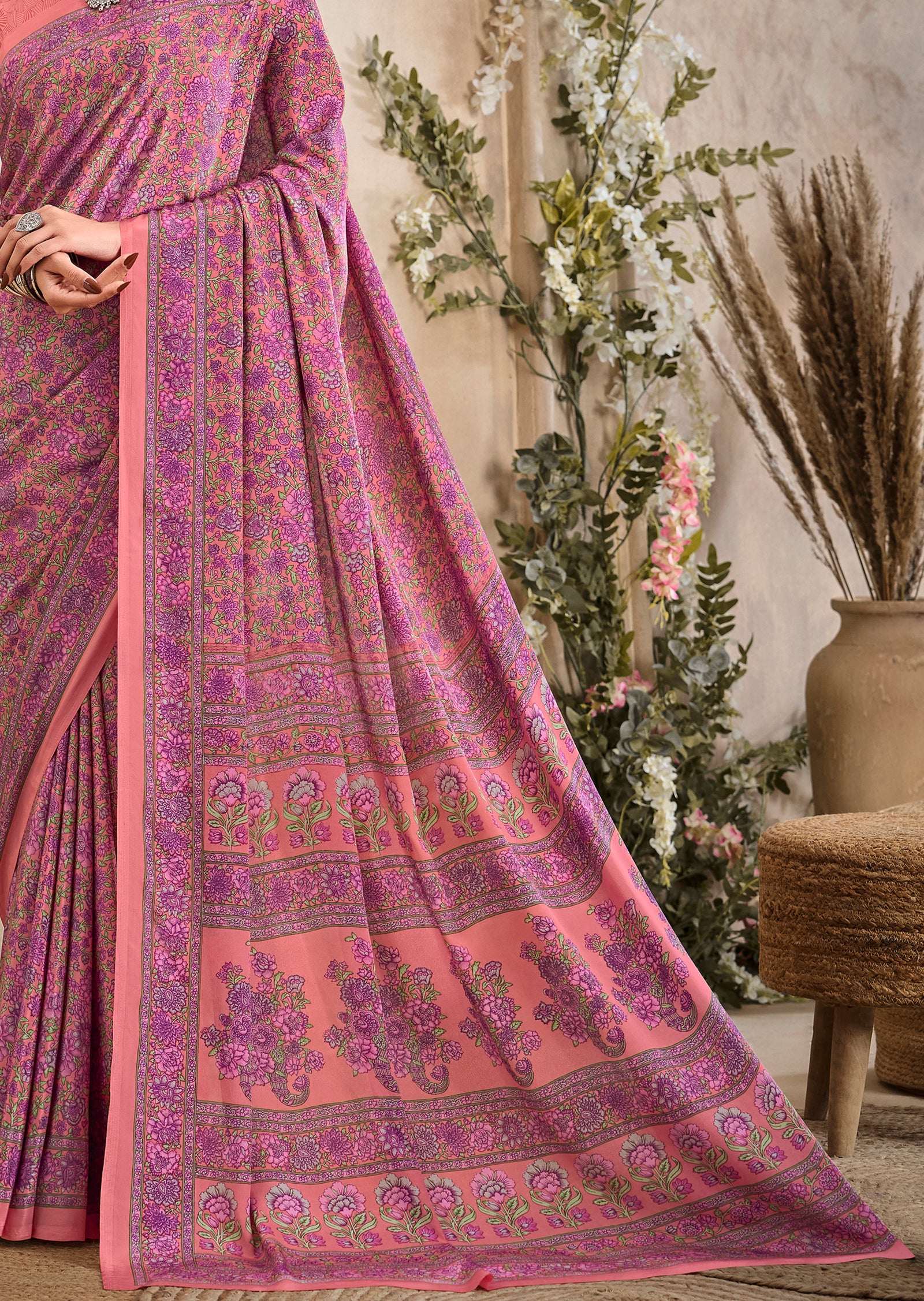 Flower Multi-Coloured Printed, Pure Italian Crape Saree (Peach)