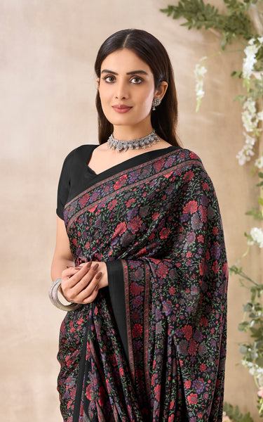 Flower Multi-Coloured Printed, Pure Italian Crape Saree (Black)