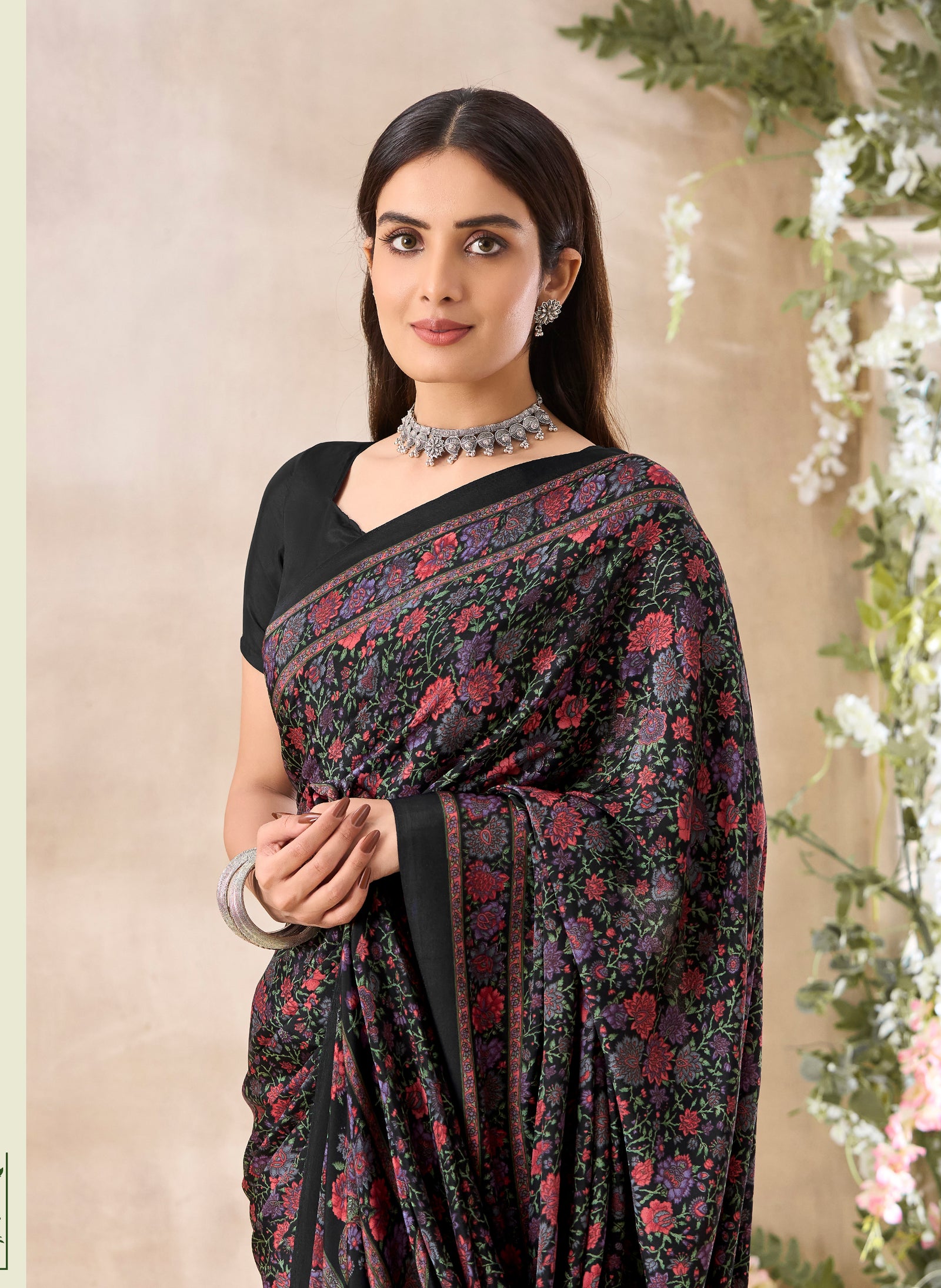 Multi-Coloured Floral Print Pure Italian Crepe Saree (Black)
