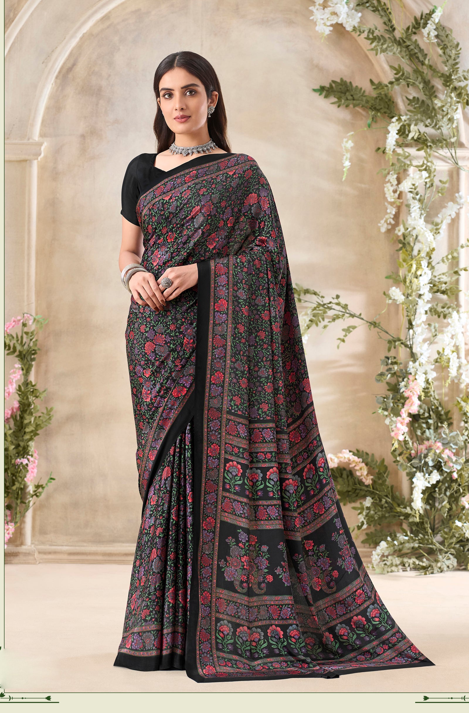 Multi-Coloured Floral Print Pure Italian Crepe Saree (Black)