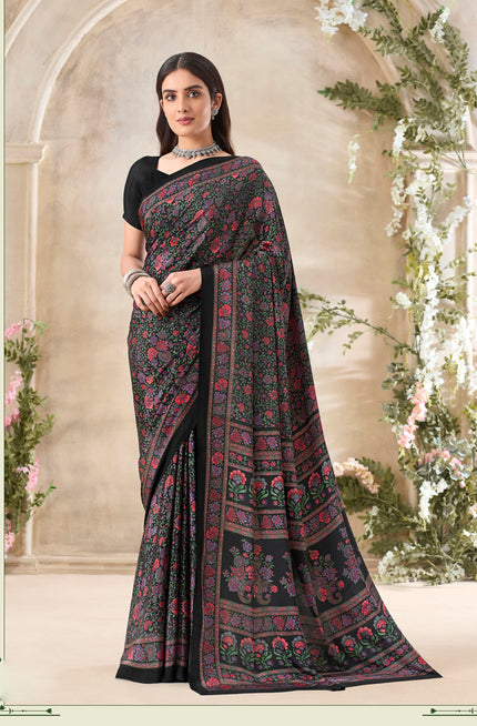 Multi-Coloured Floral Print Pure Italian Crepe Saree (Black)