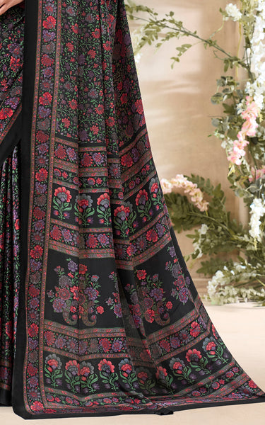 Flower Multi-Coloured Printed, Pure Italian Crape Saree (Black)