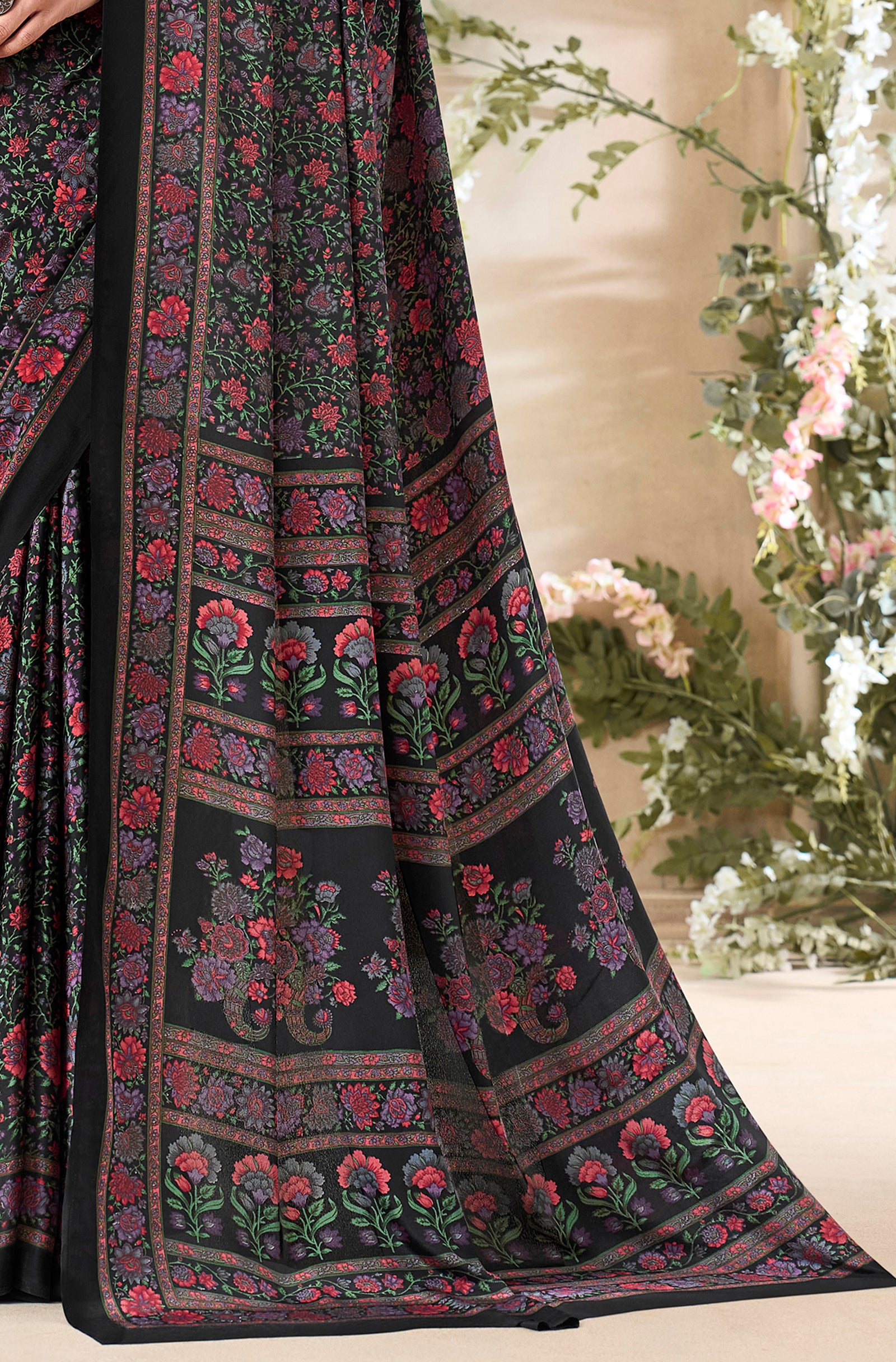 Multi-Coloured Floral Print Pure Italian Crepe Saree (Black)