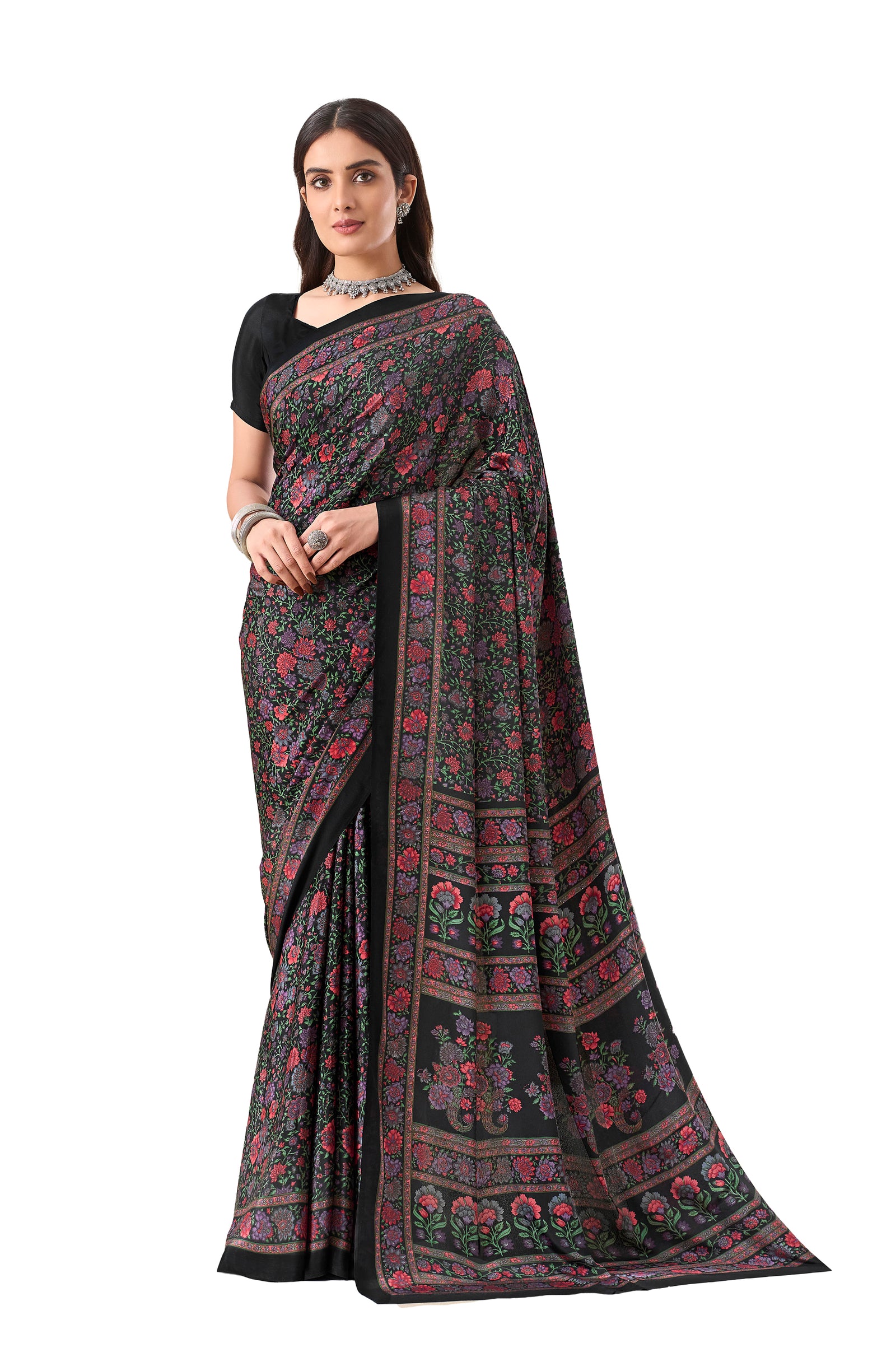 Multi-Coloured Floral Print Pure Italian Crepe Saree (Black)
