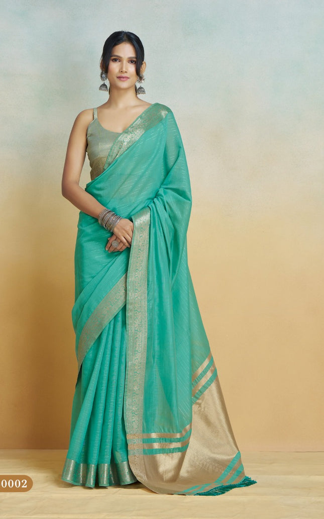 Banarasi Border, Pure Handloom Khadi silk, With Chit Pallu And Tassels (Aqua Blue)