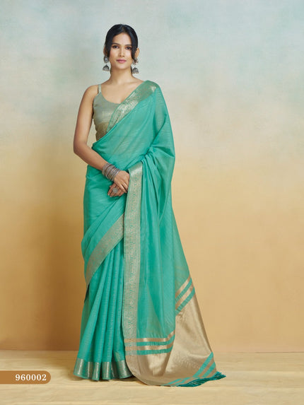 Banarasi Border, Pure Handloom Khadi silk, With Chit Pallu And Tassels (Aqua Blue)