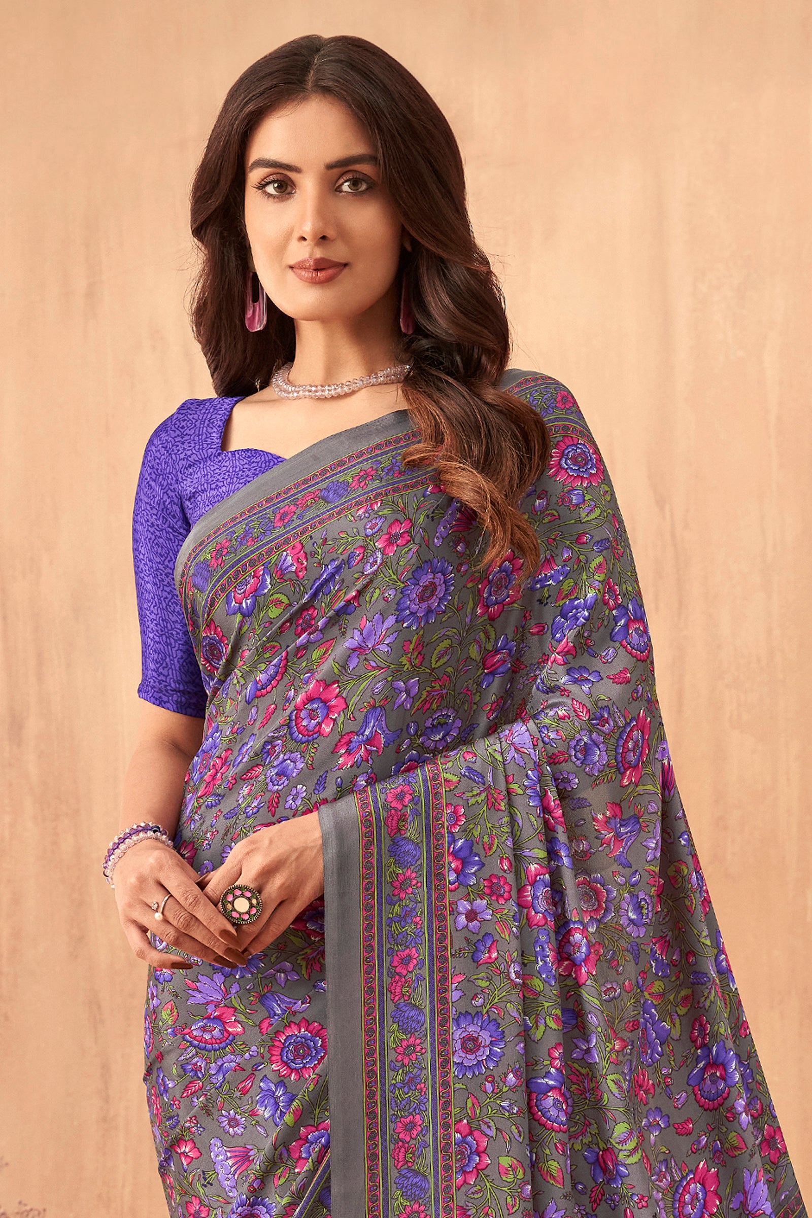 Italian Crepe Multi Print Saree Purple Casual Daily Wear with Blouse Piece
