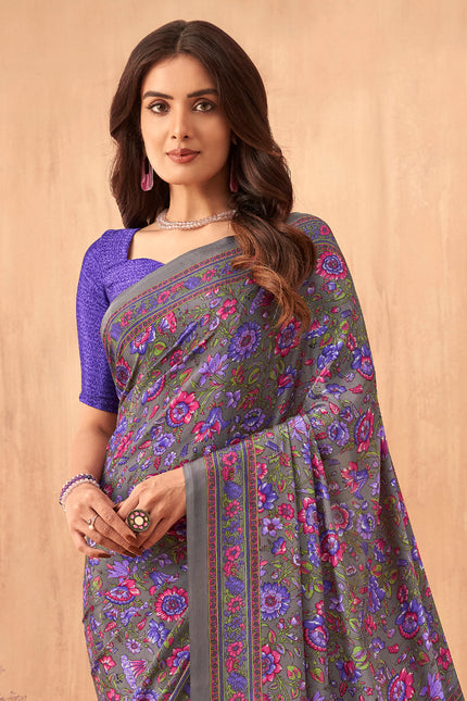 Flower Multi-Coloured Printed, Pure Italian Crape Saree (Purple)