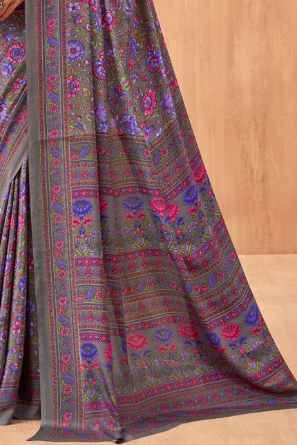 Flower Multi-Coloured Printed, Pure Italian Crape Saree (Purple)