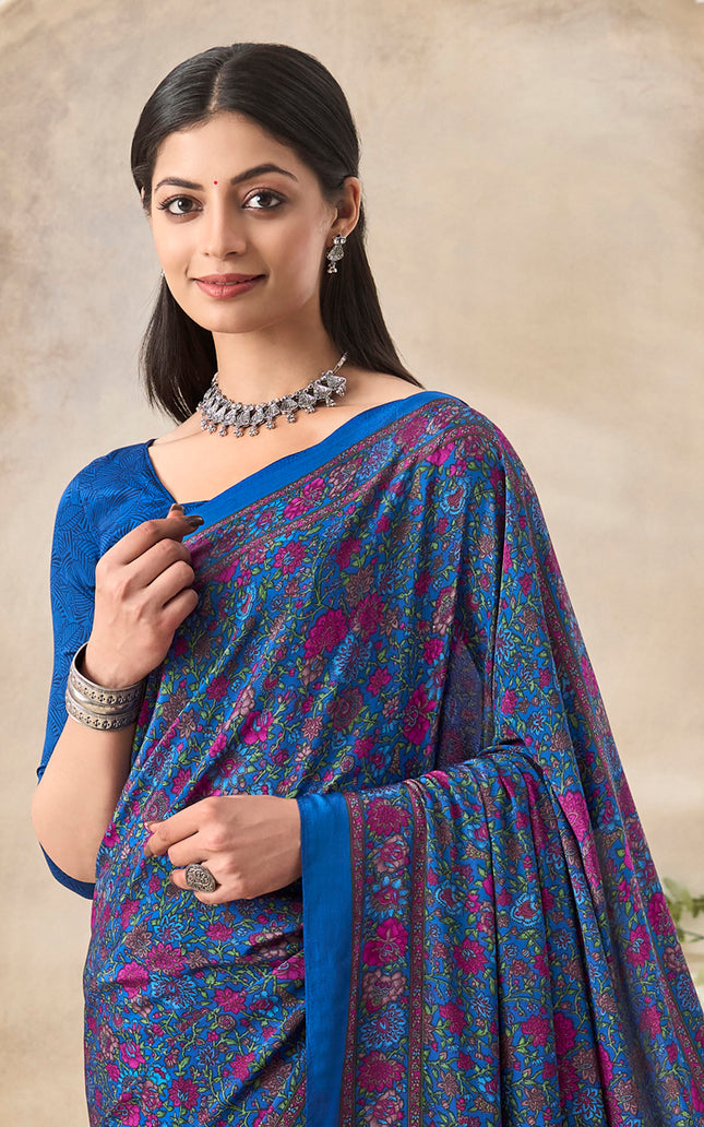 Flower Multi-Coloured Printed, Pure Italian Crape Saree (Blue)