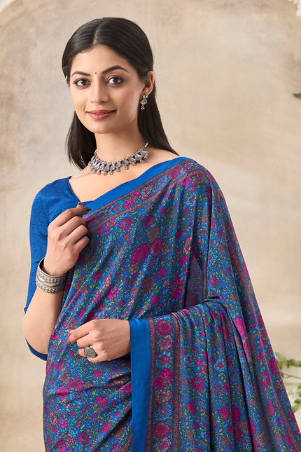 Flower Multi-Coloured Printed, Pure Italian Crape Saree (Blue)