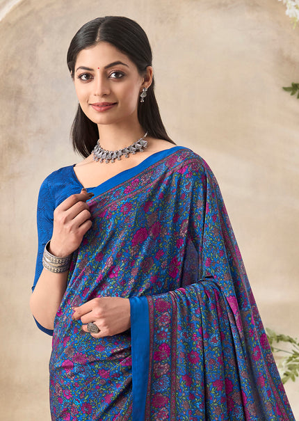 Flower Multi-Coloured Printed, Pure Italian Crape Saree (Blue)