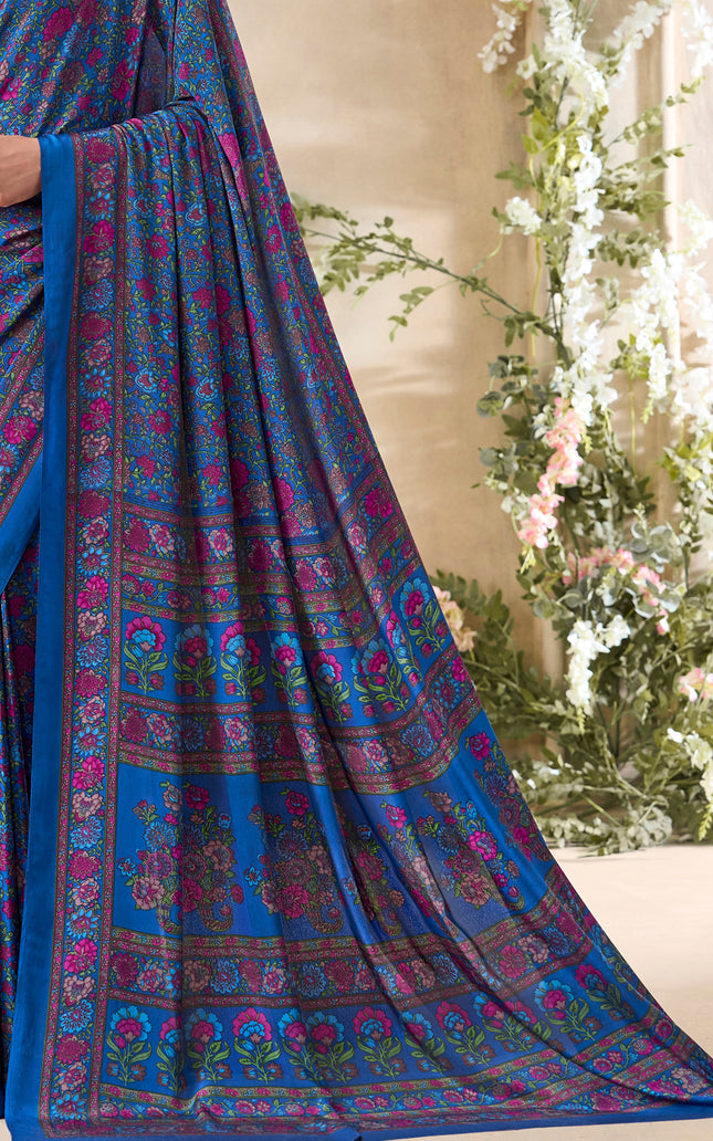 Flower Multi-Coloured Printed, Pure Italian Crape Saree (Blue)