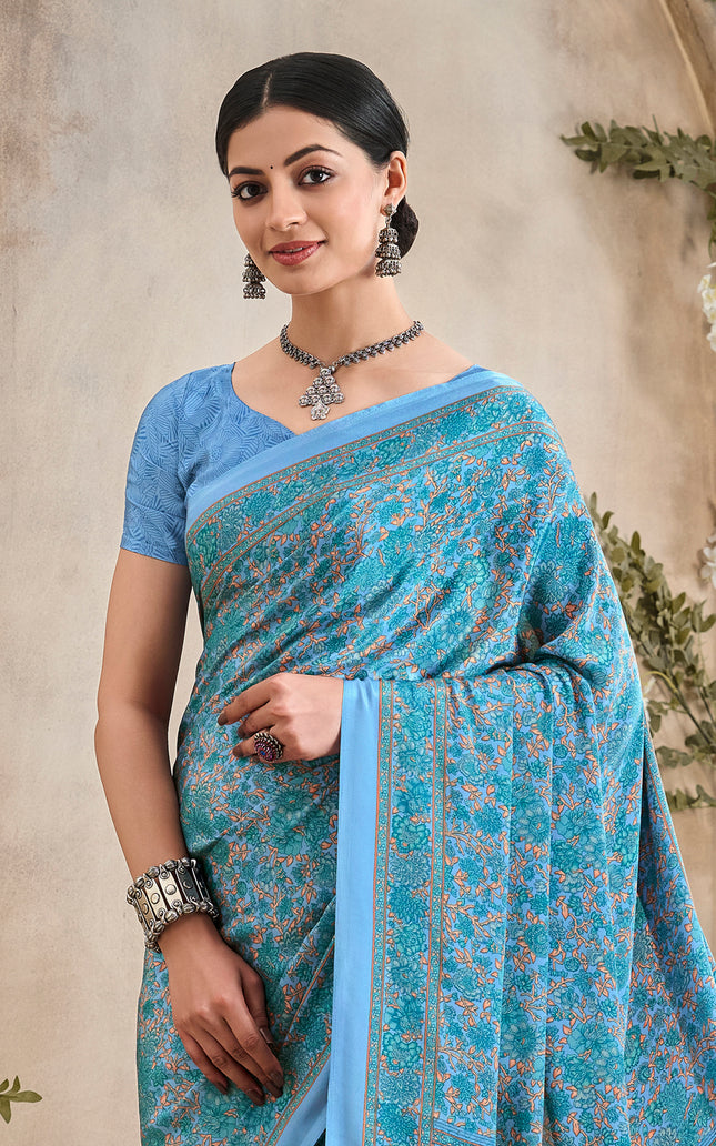 Flower Multi-Coloured Printed, Pure Italian Crape Saree (Blue)