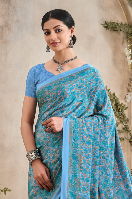 Flower Multi-Coloured Printed, Pure Italian Crape Saree (Blue)
