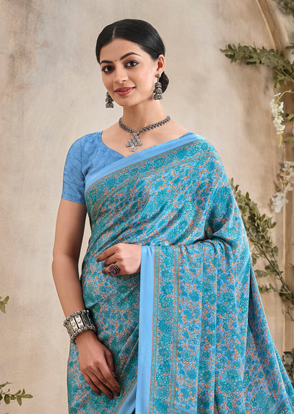 Flower Multi-Coloured Printed, Pure Italian Crape Saree (Blue)