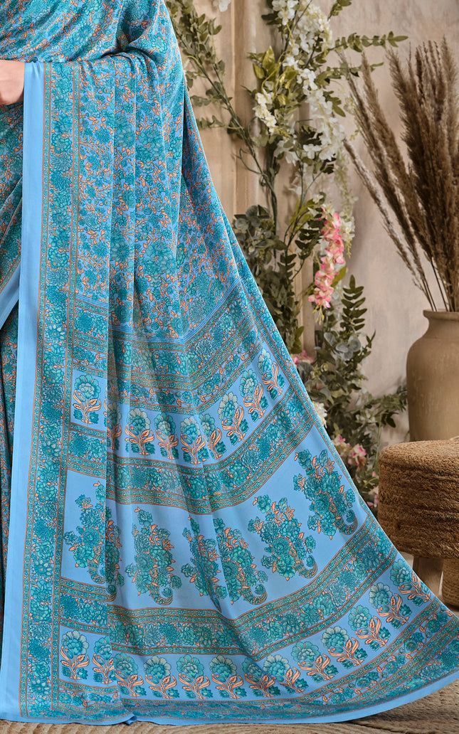 Flower Multi-Coloured Printed, Pure Italian Crape Saree (Blue)
