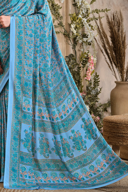 Flower Multi-Coloured Printed, Pure Italian Crape Saree (Blue)