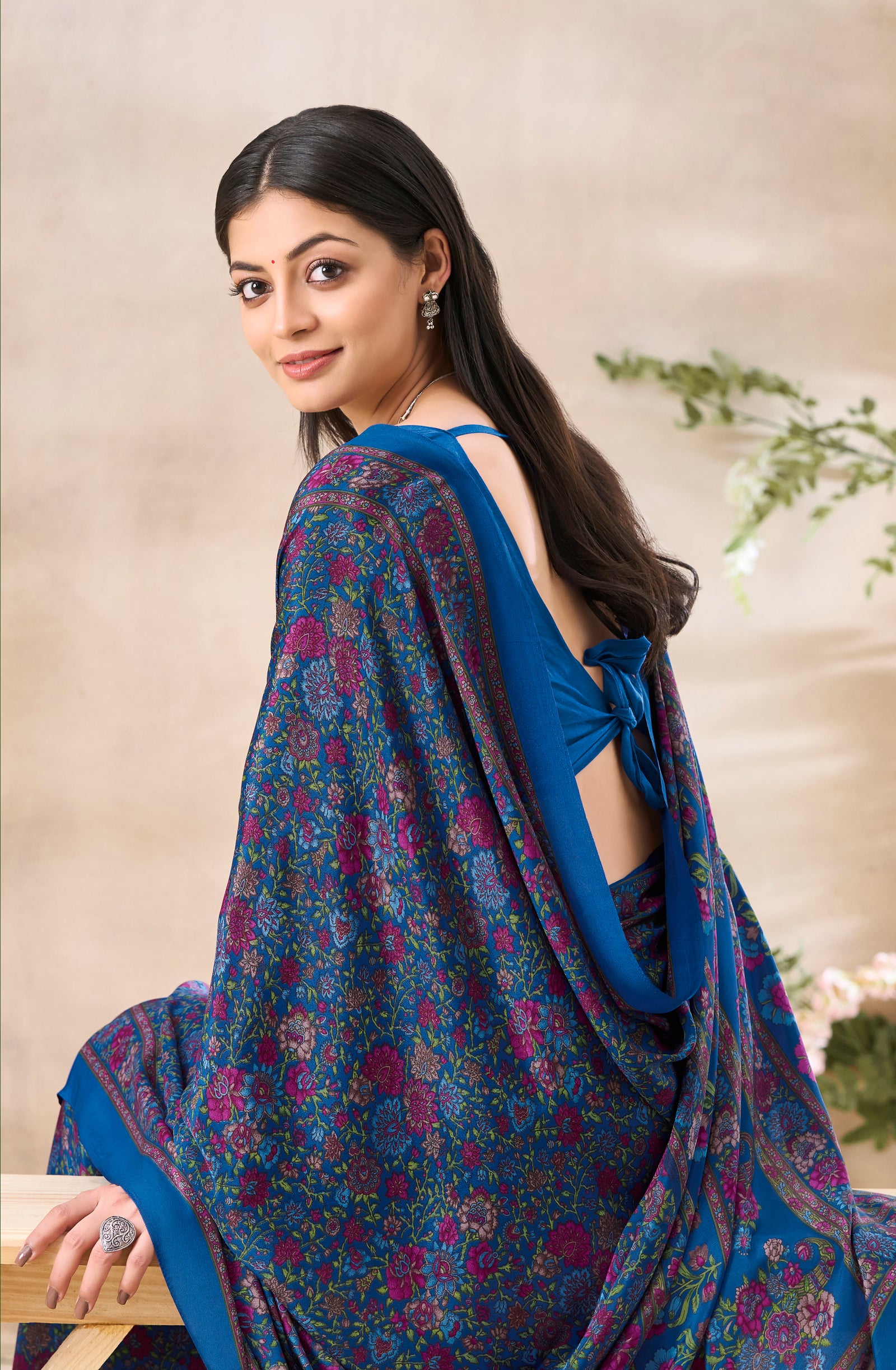 Flower Multi-Coloured Printed, Pure Italian Crape Saree (Royal Blue)
