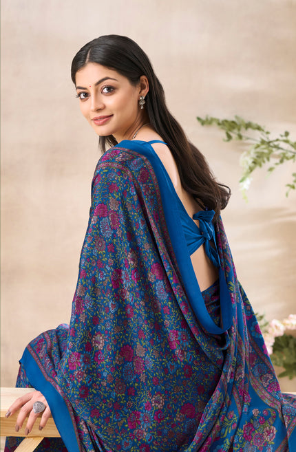 Flower Multi-Coloured Printed, Pure Italian Crape Saree (Blue)