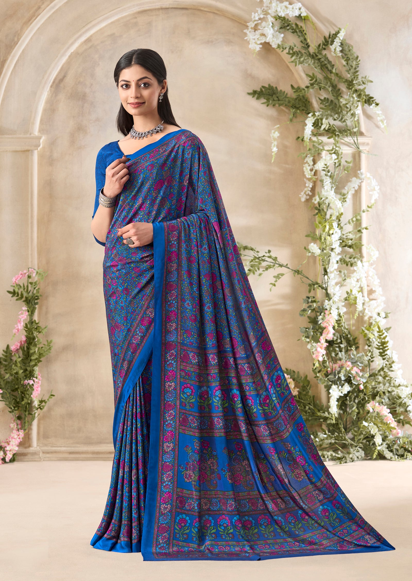Flower Multi-Coloured Printed, Pure Italian Crape Saree (Royal Blue)