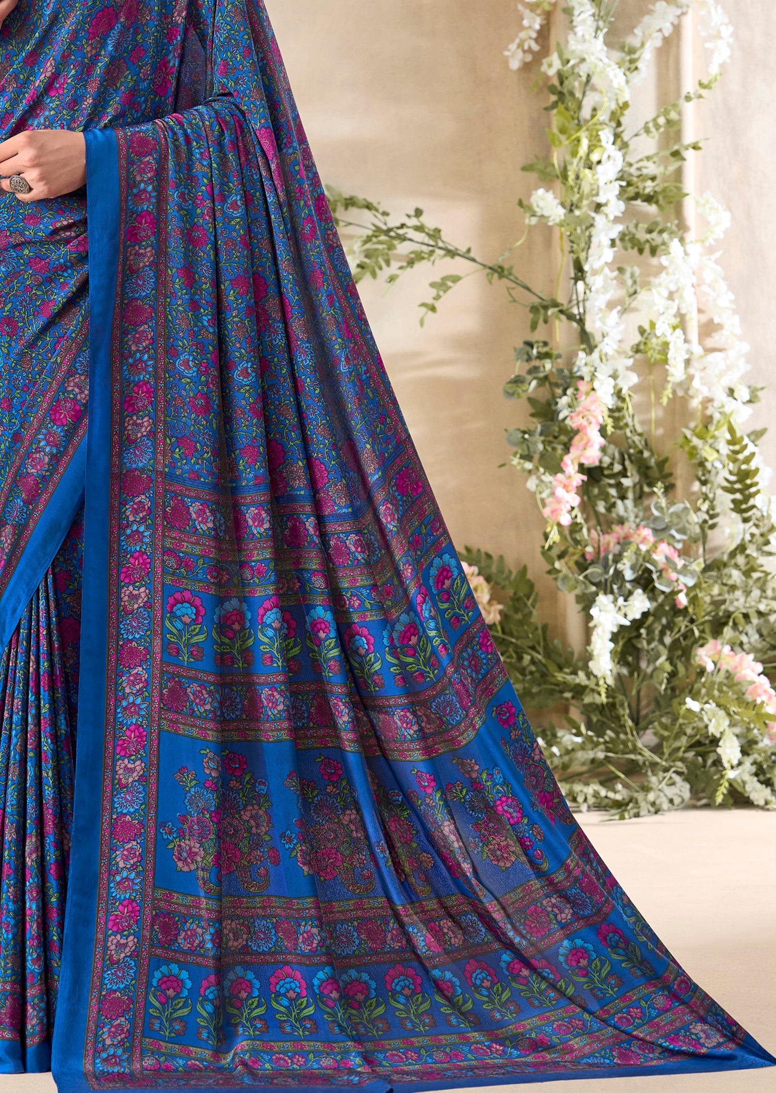 Flower Multi-Coloured Printed, Pure Italian Crape Saree (Royal Blue)