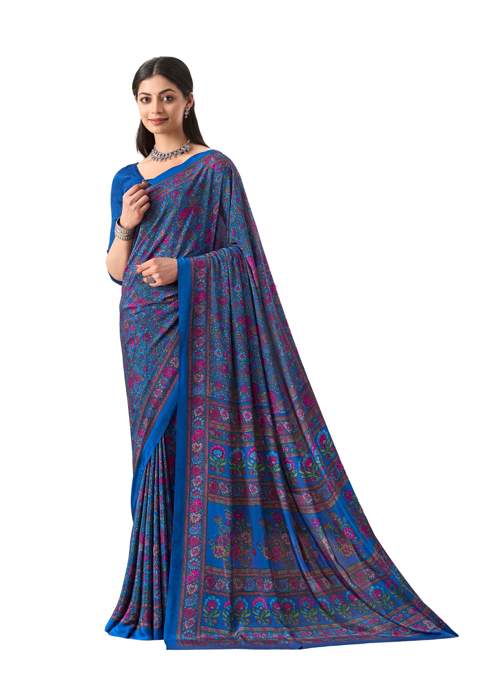 Flower Multi-Coloured Printed, Pure Italian Crape Saree (Royal Blue)
