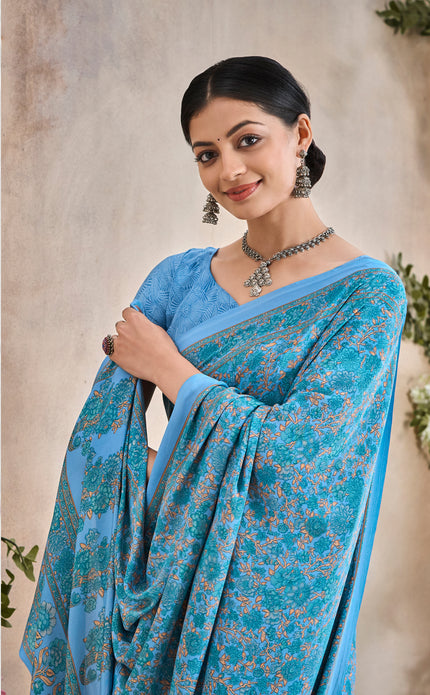 Flower Multi-Coloured Printed, Pure Italian Crape Saree (Blue)
