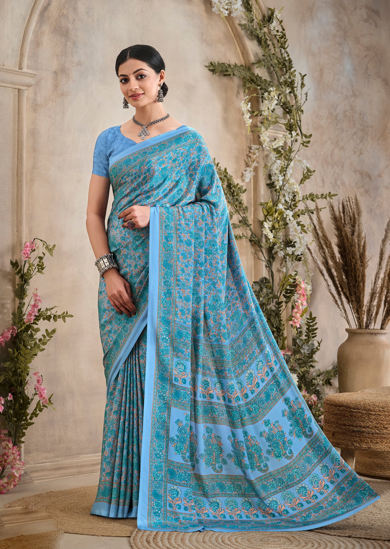 Multi-Coloured Flower Print Pure Italian Crape Saree (Blue)