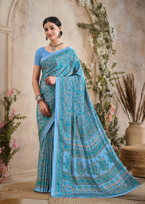 Flower Multi-Coloured Printed, Pure Italian Crape Saree (Blue)