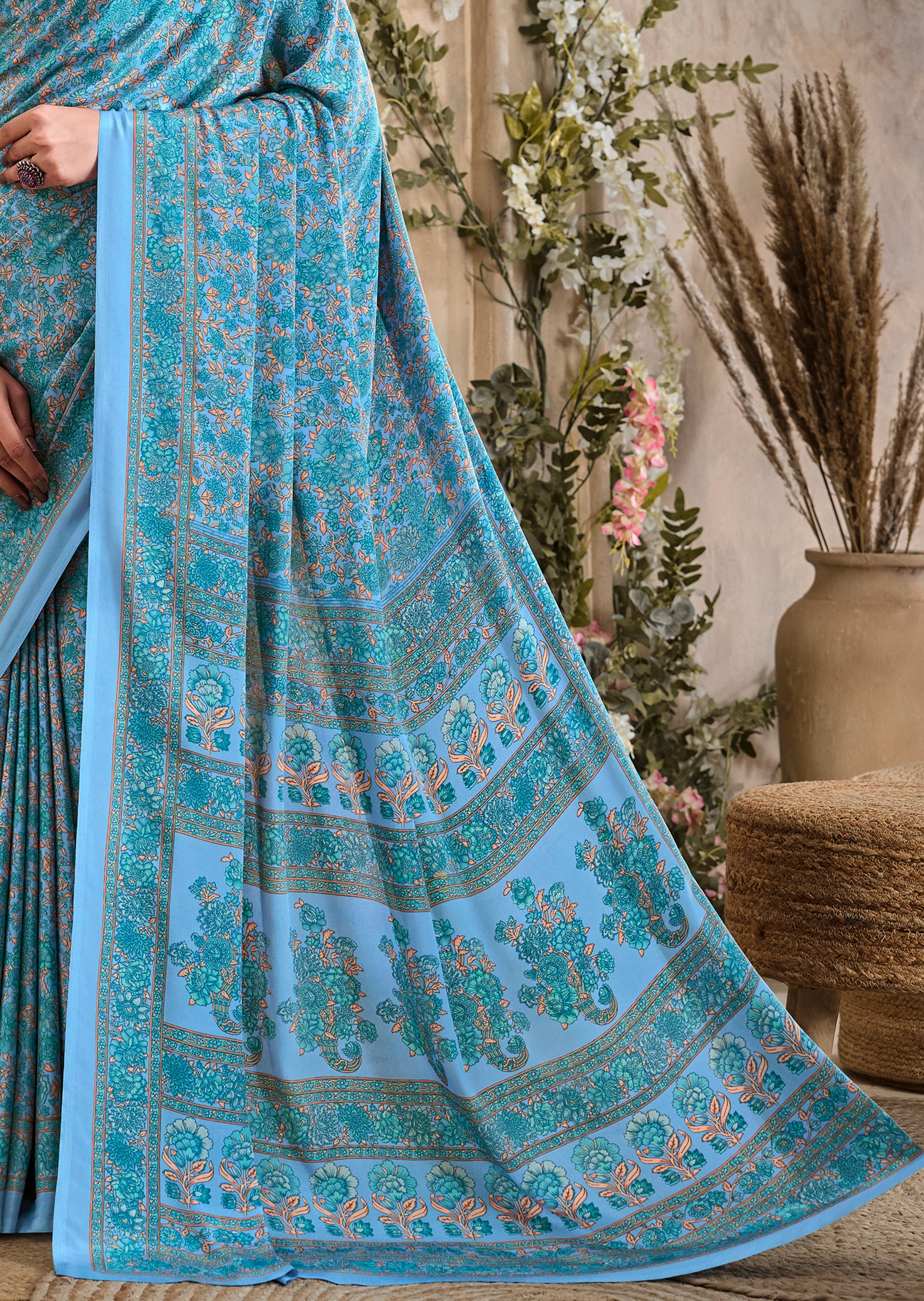 Multi-Coloured Flower Print Pure Italian Crape Saree (Blue)