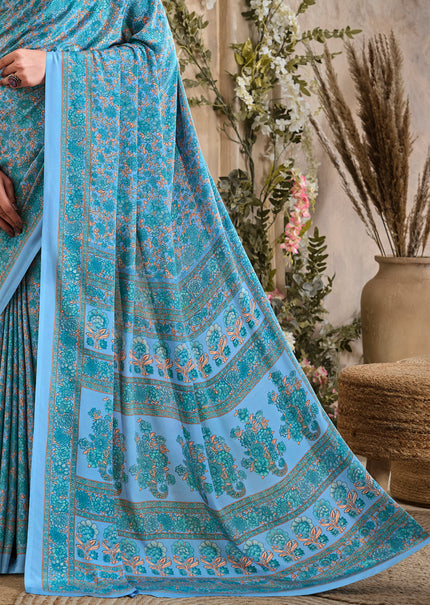 Flower Multi-Coloured Printed, Pure Italian Crape Saree (Blue)