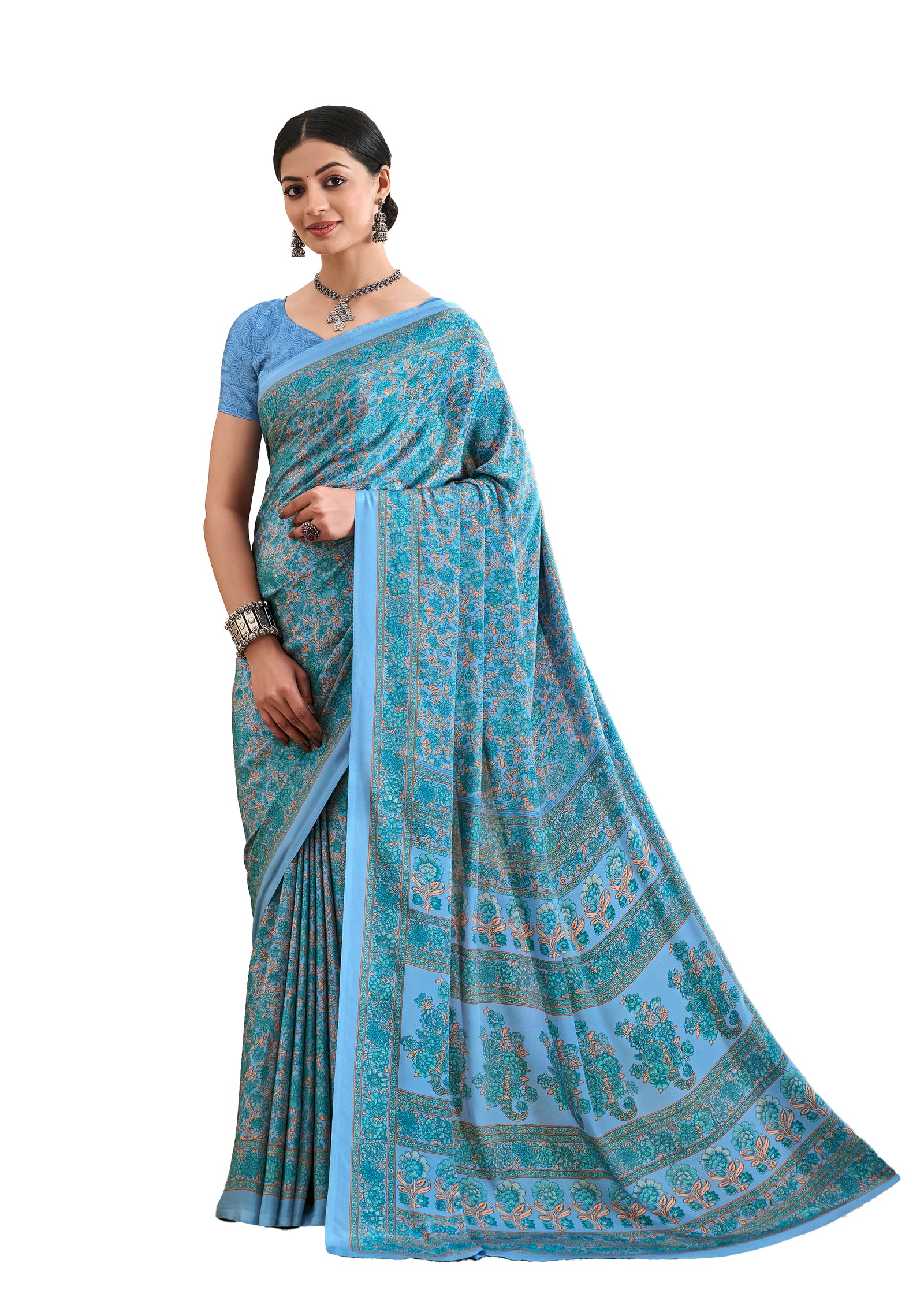 Multi-Coloured Flower Print Pure Italian Crape Saree (Blue)