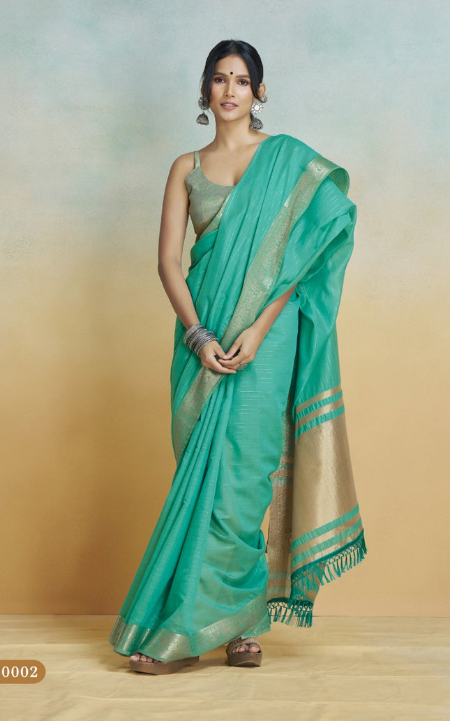 Banarasi Border, Pure Handloom Khadi silk, With Chit Pallu And Tassels (Aqua Blue)